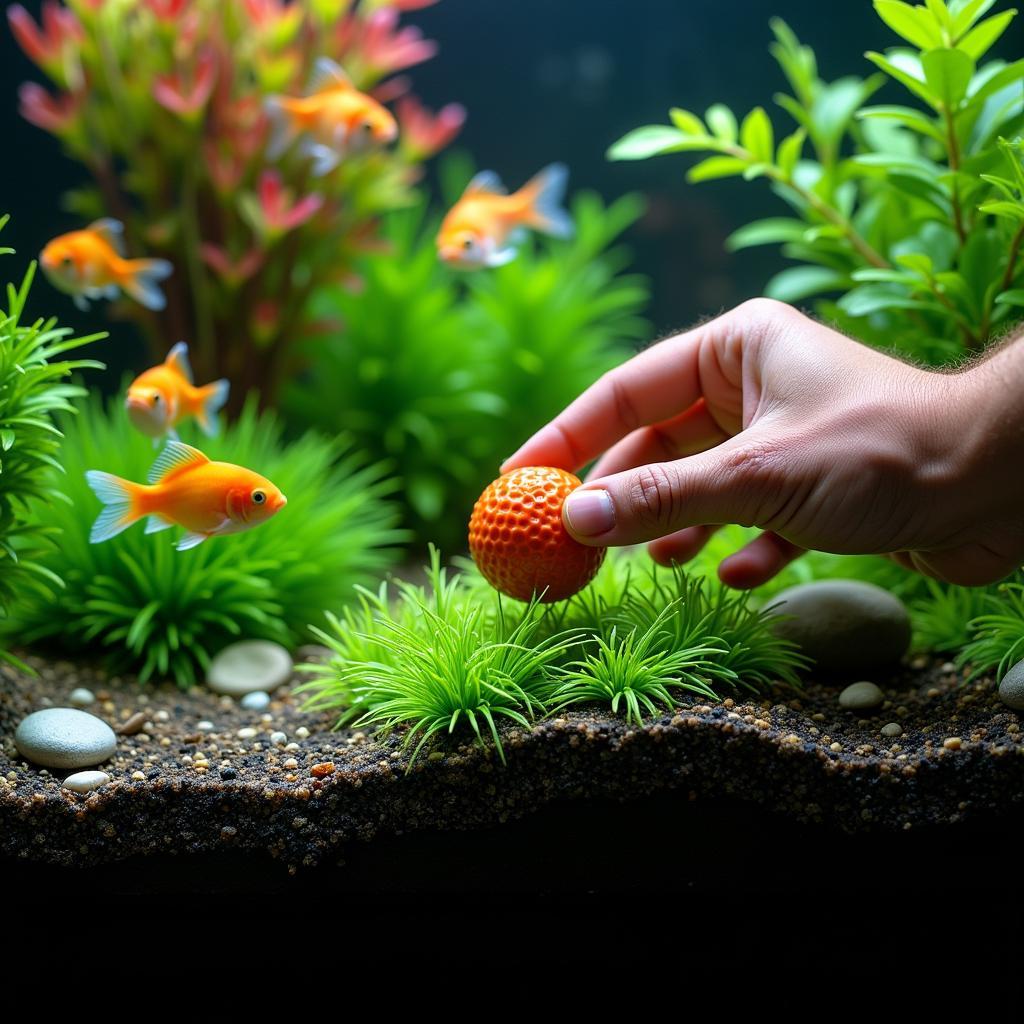 Placing Fish Food Golf Ball in Tank