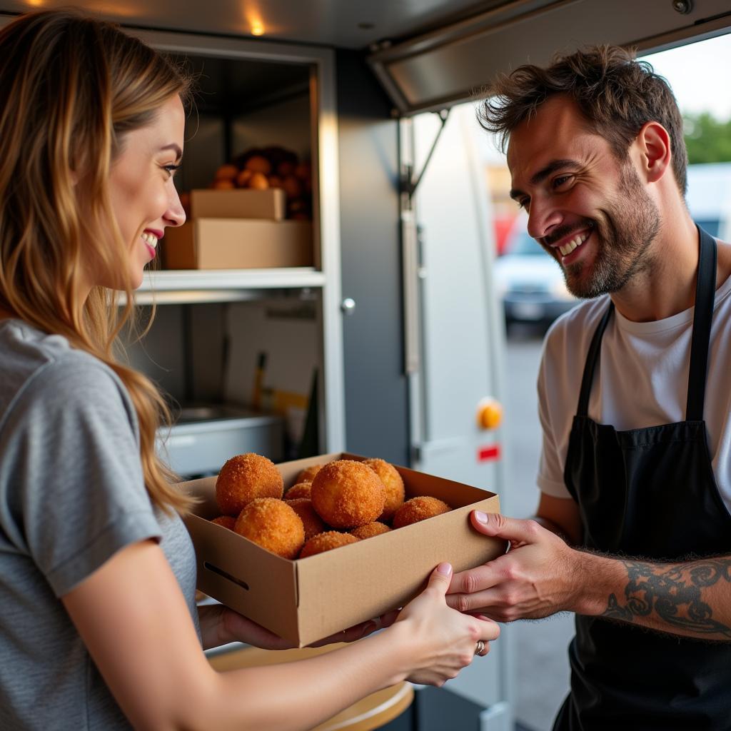 Friendly owner of an arancini food truck serving arancini to customers