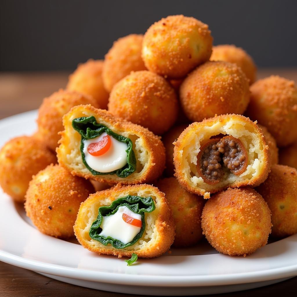 A platter showcasing a variety of arancini with different fillings