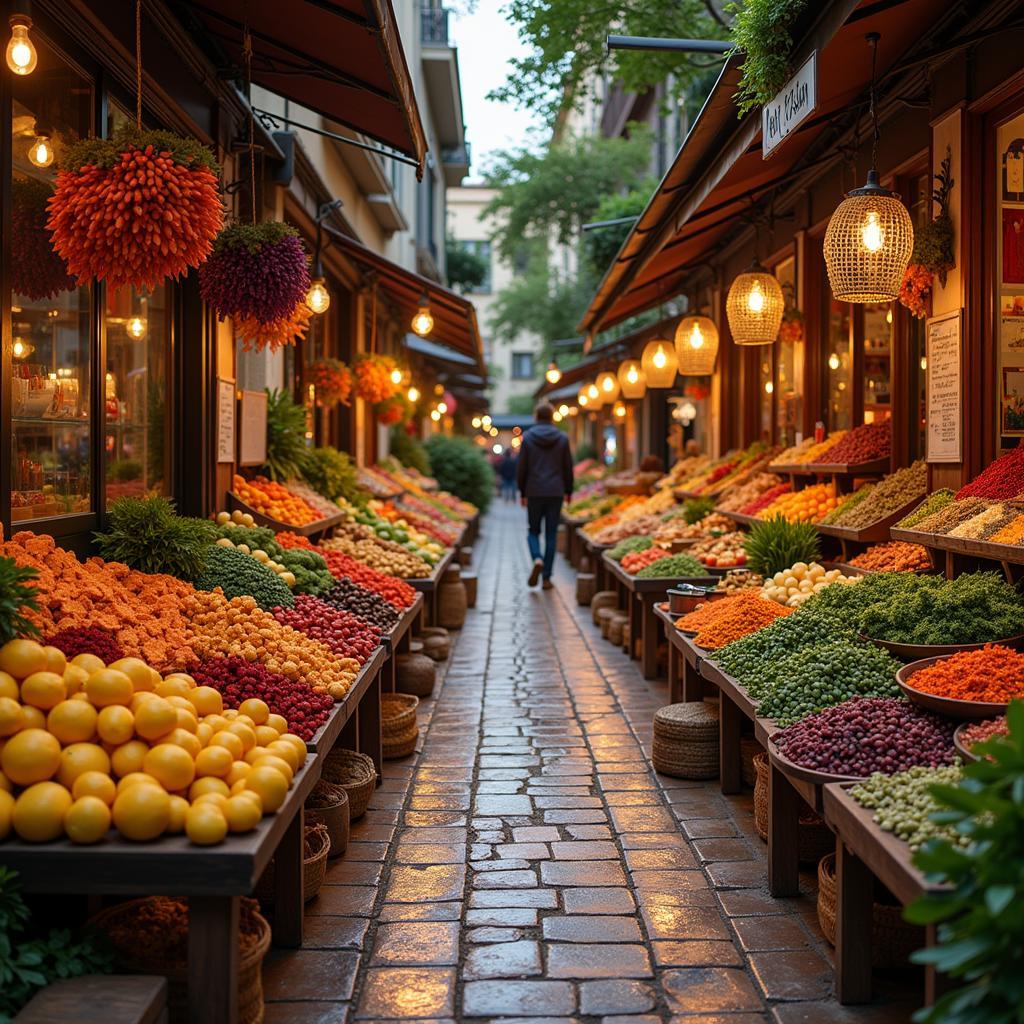 A bustling market showcasing a variety of international foods, representing the diversity of Arberia International Food.