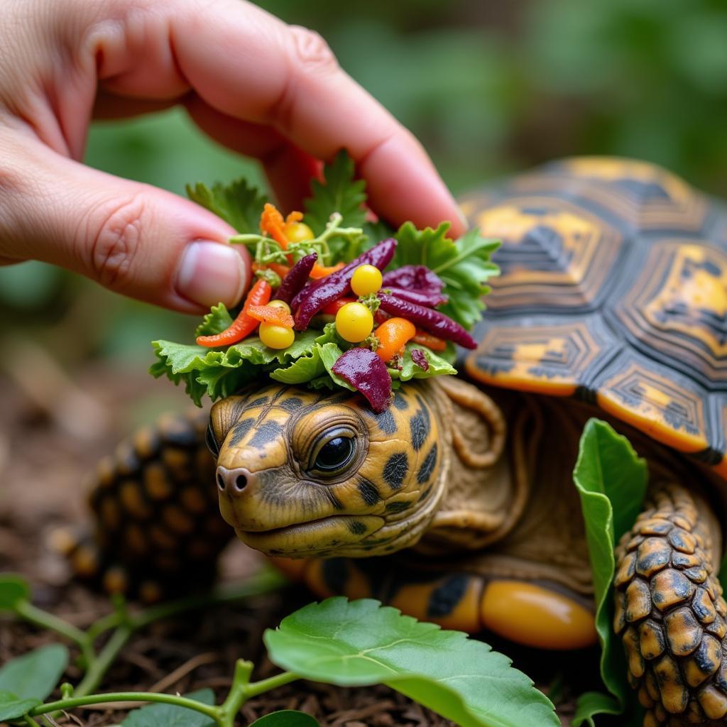 Owner offering a variety of fresh food to an Arcadia tortoise