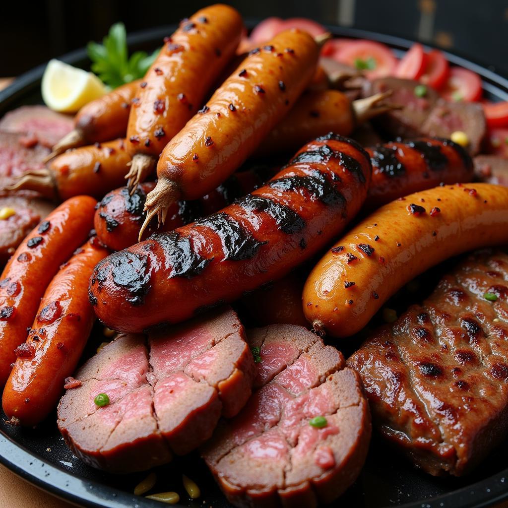 An assortment of grilled meats on a platter, representing a traditional Argentinian asado