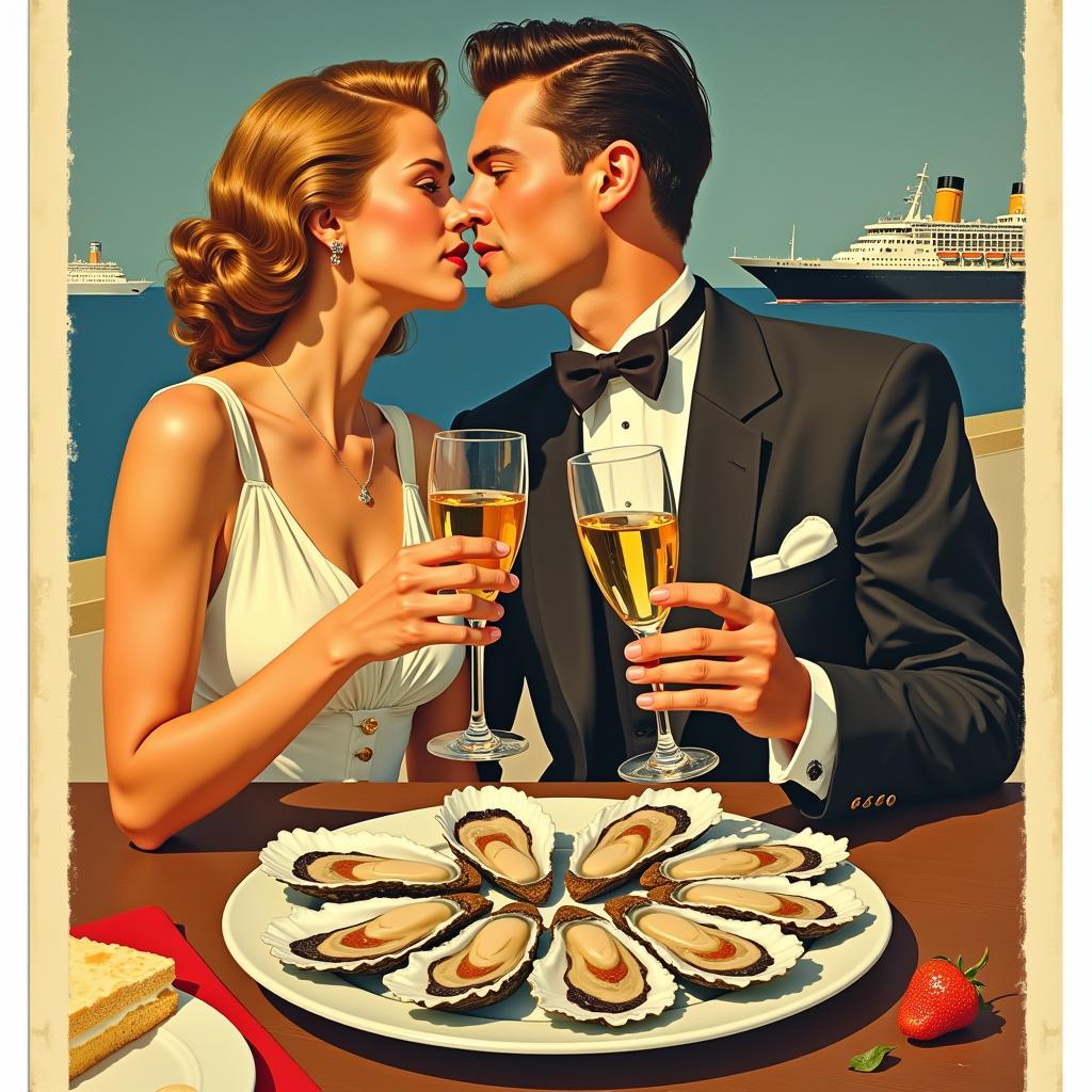 An art deco poster advertising champagne and oysters.