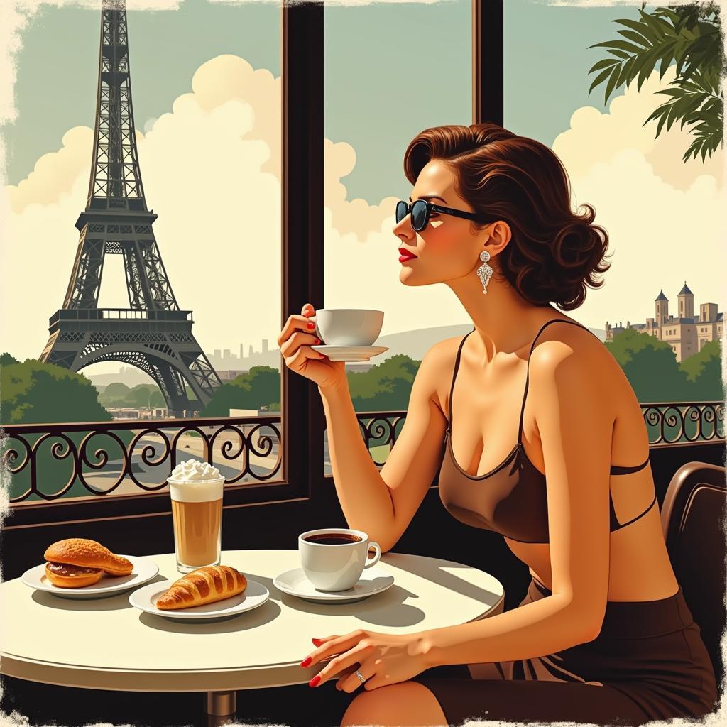 An art deco poster for a Parisian café, advertising coffee and pastries.