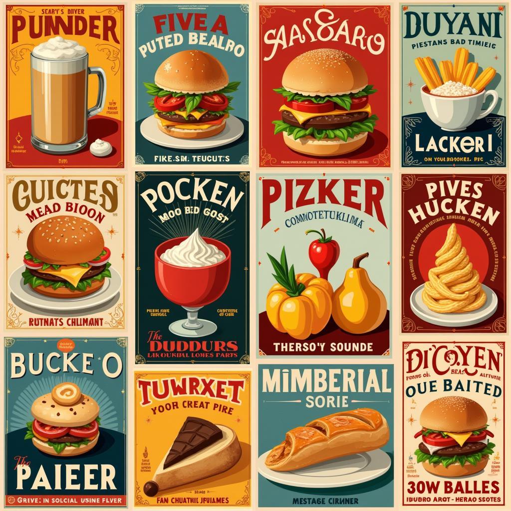 A collection of vintage art deco food posters.