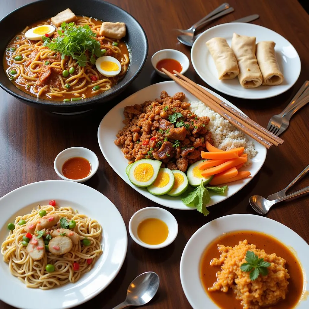 A colorful spread of various Asian comfort foods.