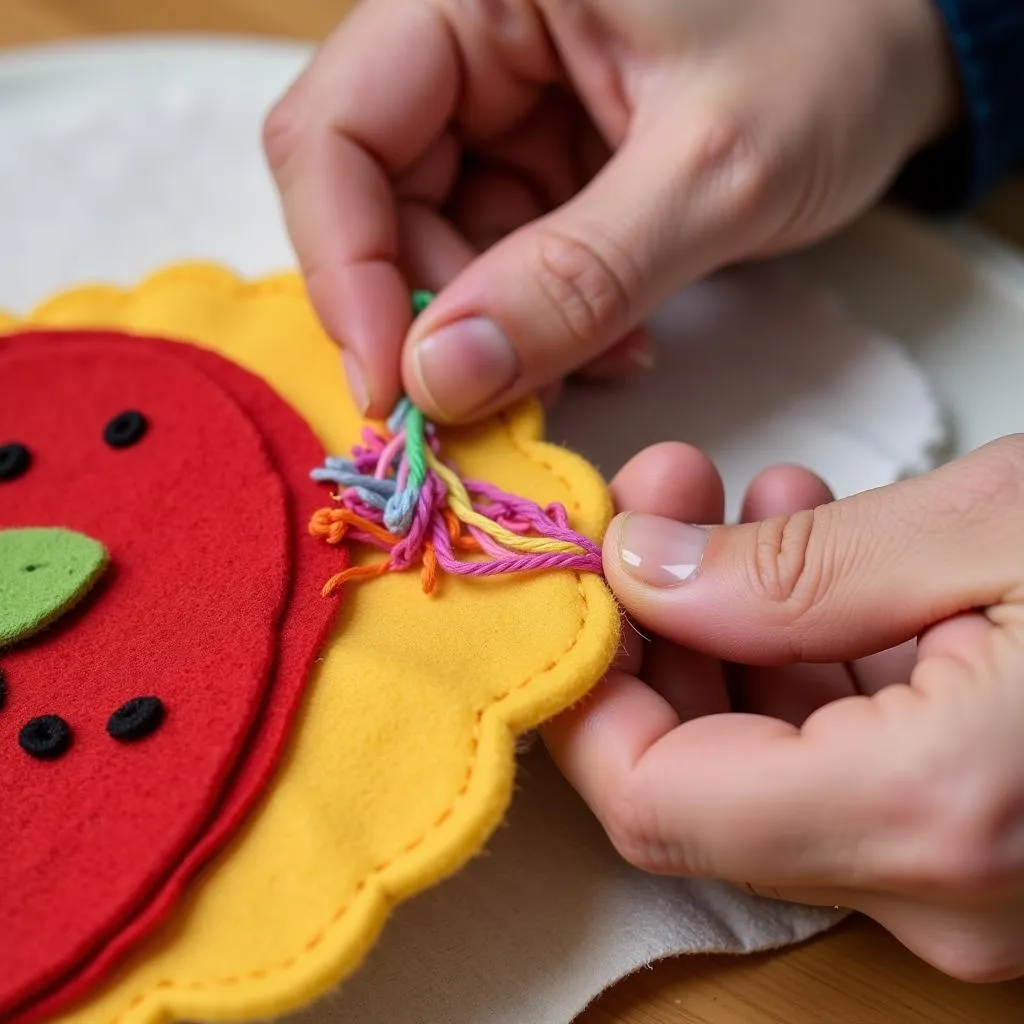  Hands stitching felt food with colorful thread