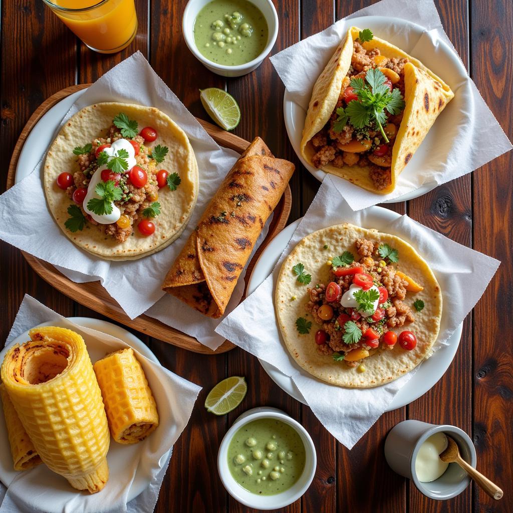 A colorful spread of tacos, burritos, and elotes