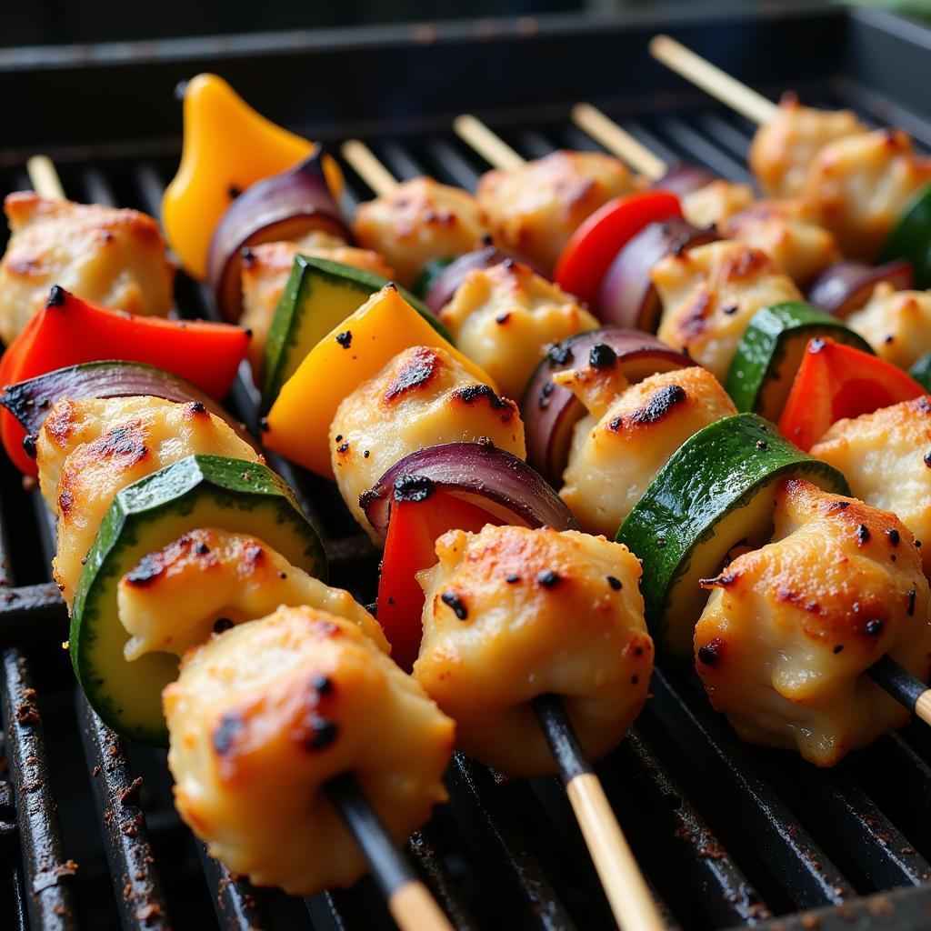 Assortment of grilled skewers with vegetables and meat.