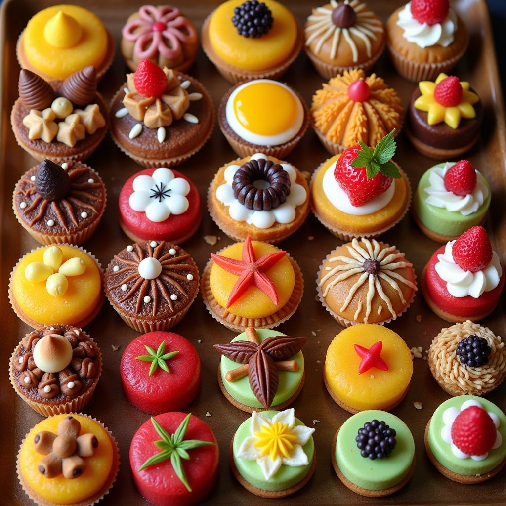 A colorful assortment of Indian sweets and desserts displayed on a table