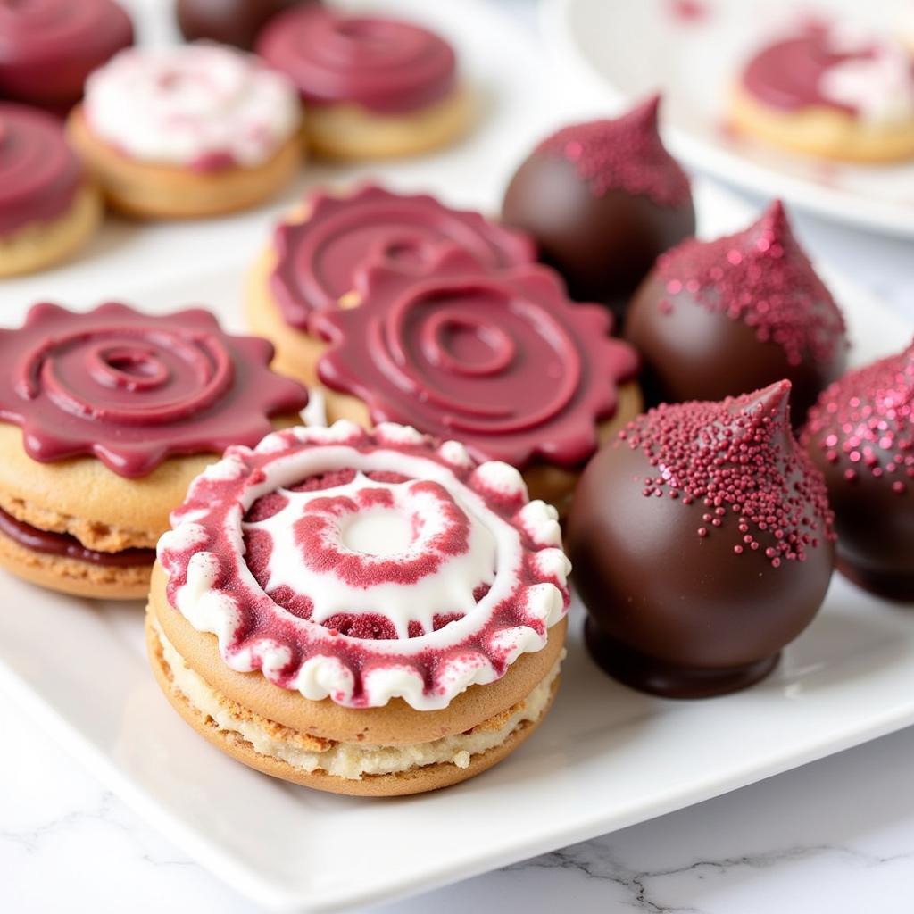  Assortment of maroon-colored desserts, including cake pops, macarons, and frosted cookies 