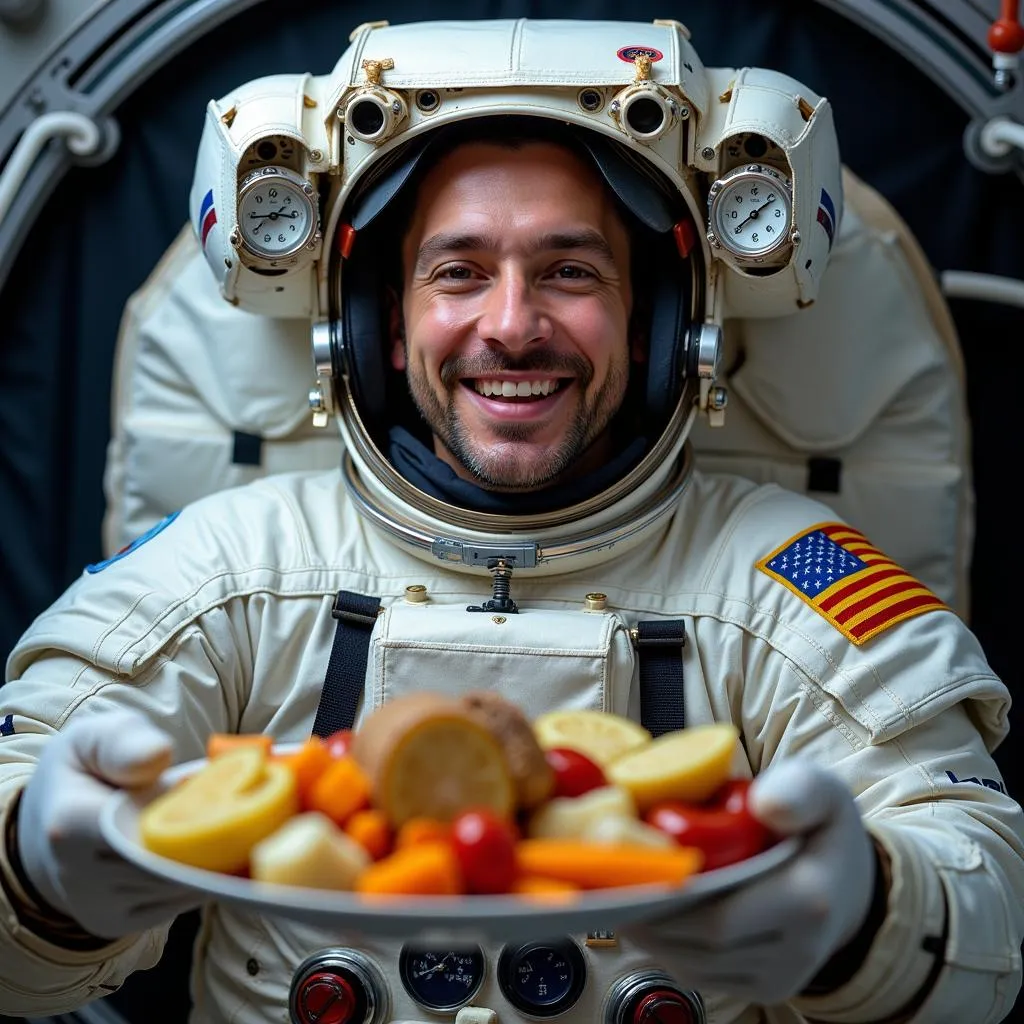 Astronaut enjoying a meal of freeze dried food in space