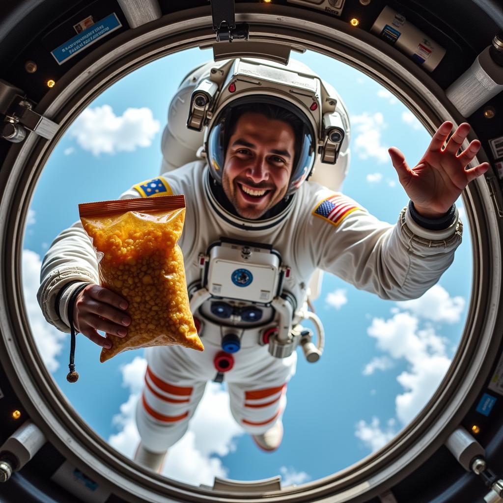 Astronaut enjoying space food in zero gravity