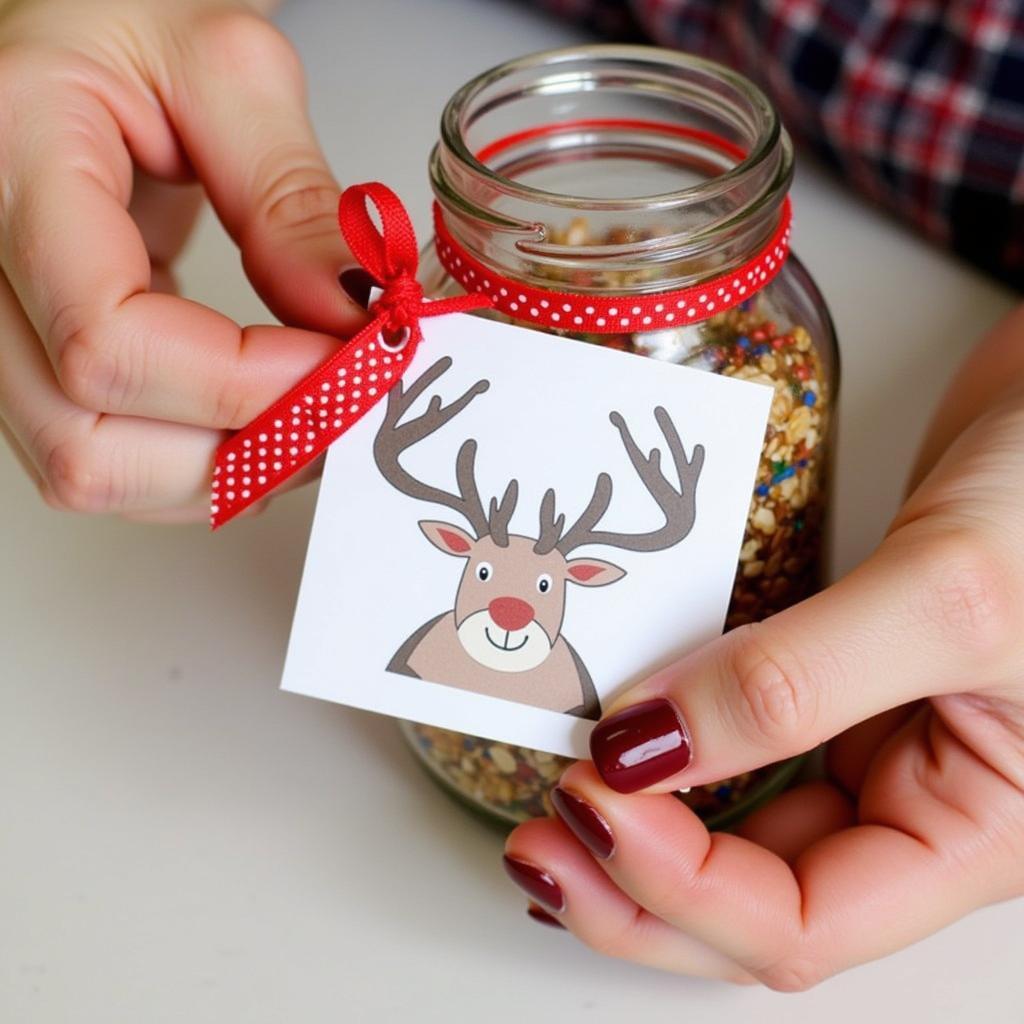 Attaching Reindeer Food Labels to Jars