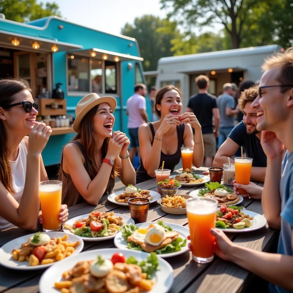 Group of Friends Enjoying Food at a Food Truck Festival