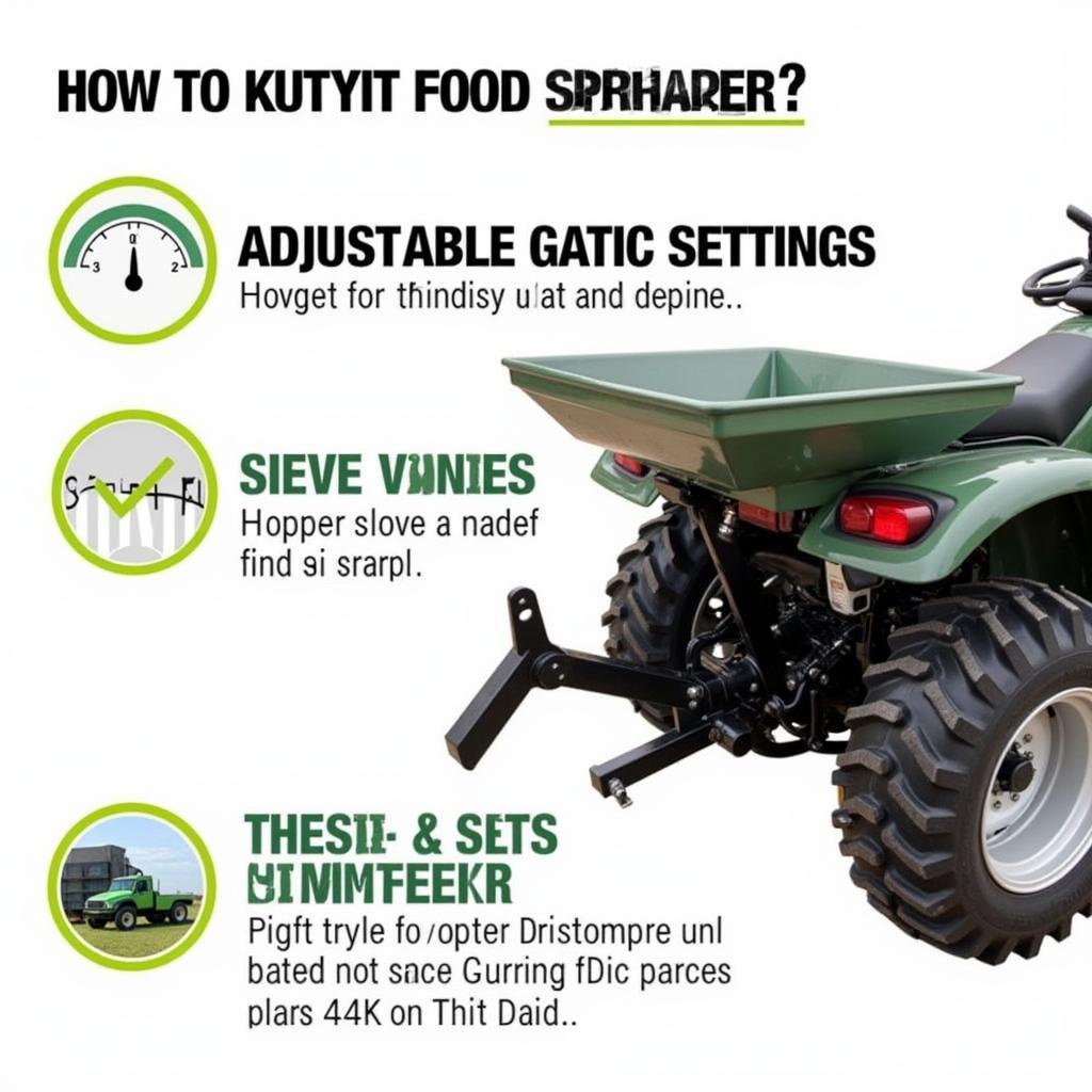  Close-up of an ATV food plot spreader, highlighting key features like the hopper, adjustable settings, and spreading mechanism.