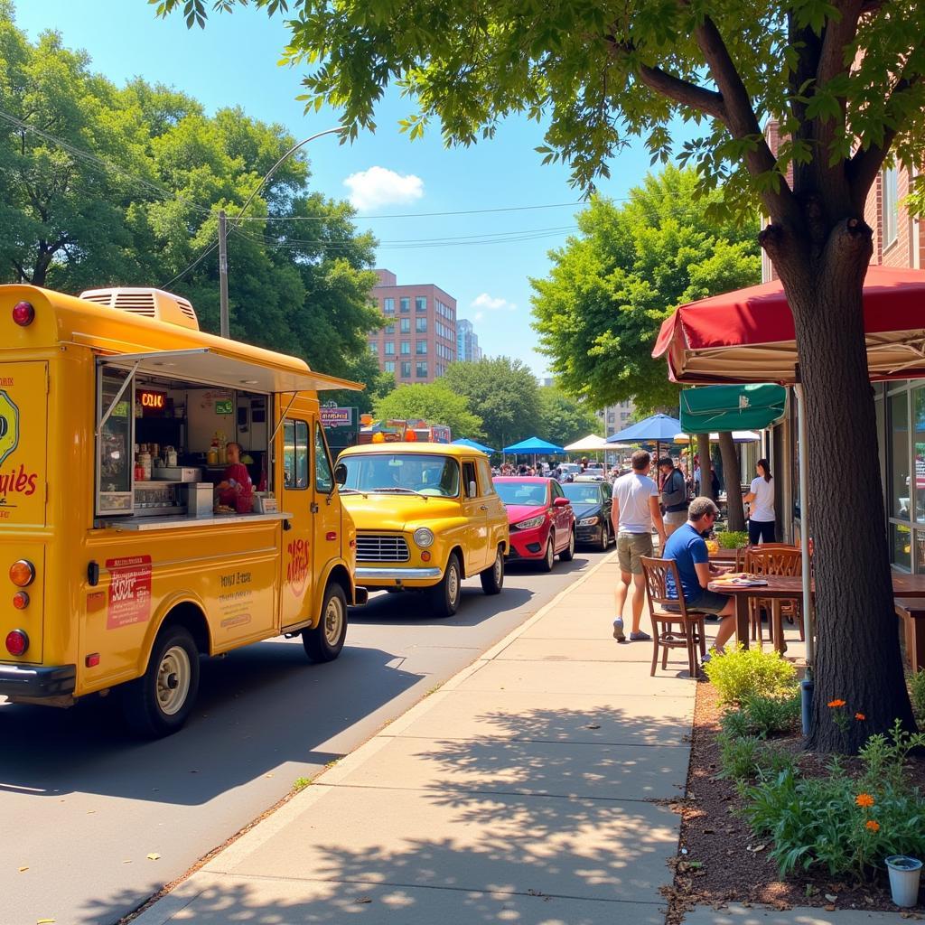 Food trucks lined up on a busy Austin street offering Monday specials.