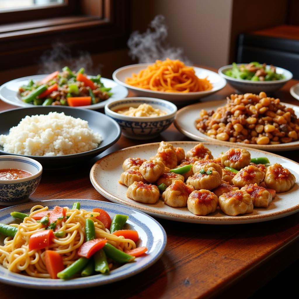 A table setting with a variety of colorful and flavorful Chinese dishes in Oconomowoc