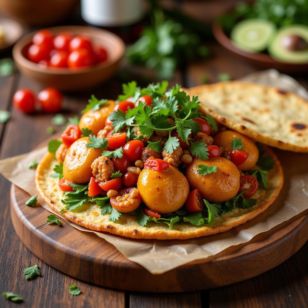 A close-up shot of a table filled with a variety of authentic Mexican dishes, showcasing the vibrant colors and fresh ingredients.