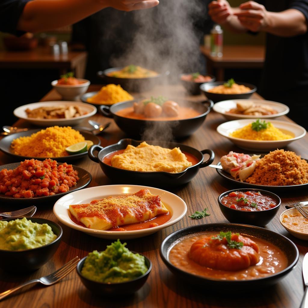 A table filled with an assortment of traditional Mexican dishes, including enchiladas, tamales, and rice and beans.