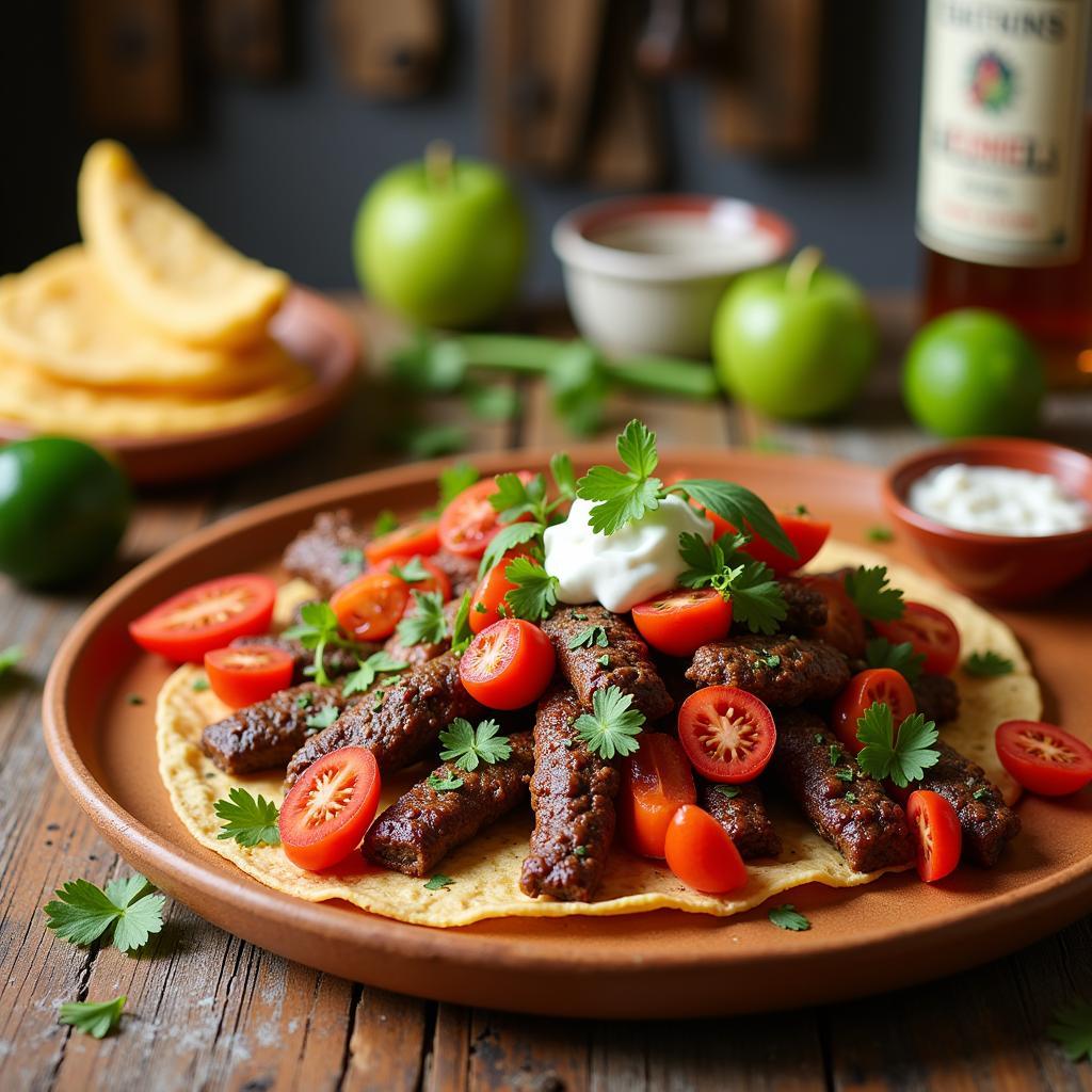 A close-up shot of a steaming plate of traditional Mexican food, possibly tacos or enchiladas, garnished with fresh cilantro and onions