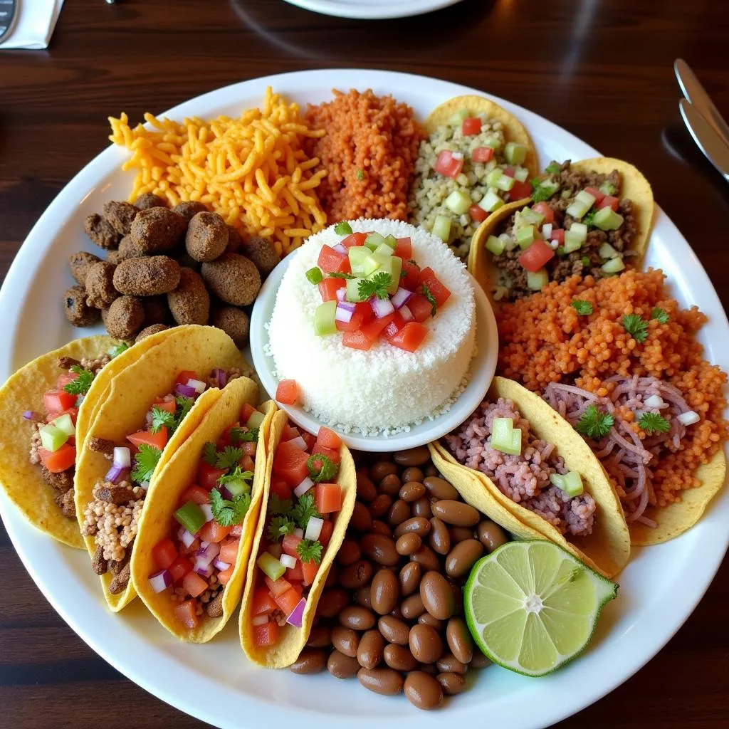 A platter of authentic Mexican food, including tacos, rice, beans, and salsa.