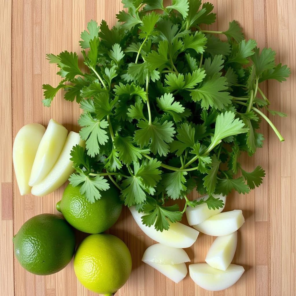 Close-up of fresh cilantro, onions, and limes