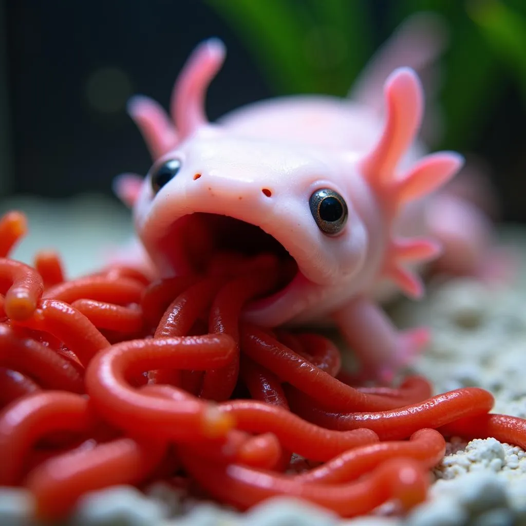 Axolotl Enjoying Bloodworms