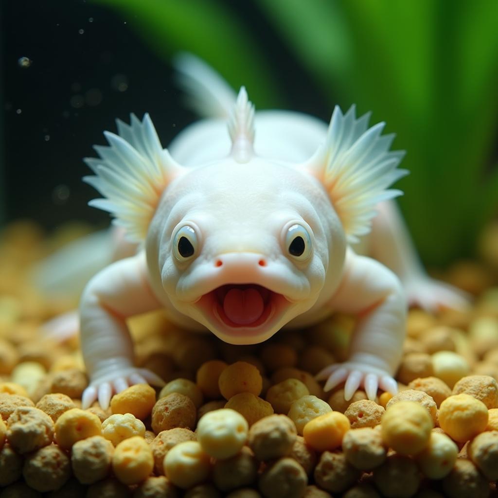 Axolotl consuming food pellets