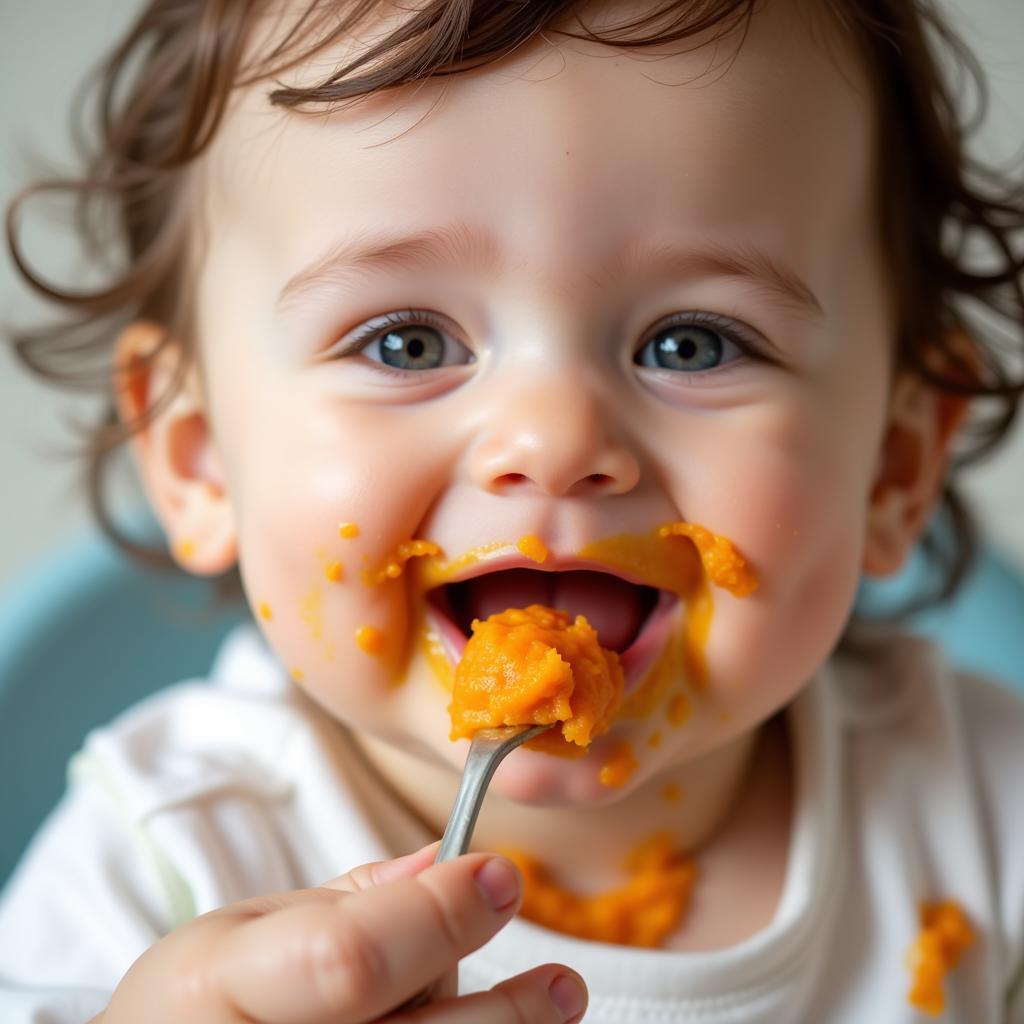 Happy Baby Eating Apple Sweet Potato Puree