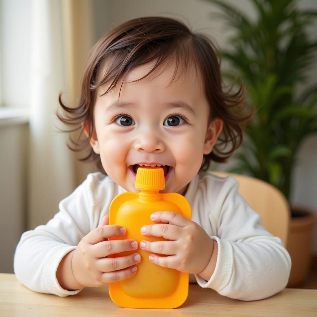 Baby Enjoying Food from a Reusable Pouch