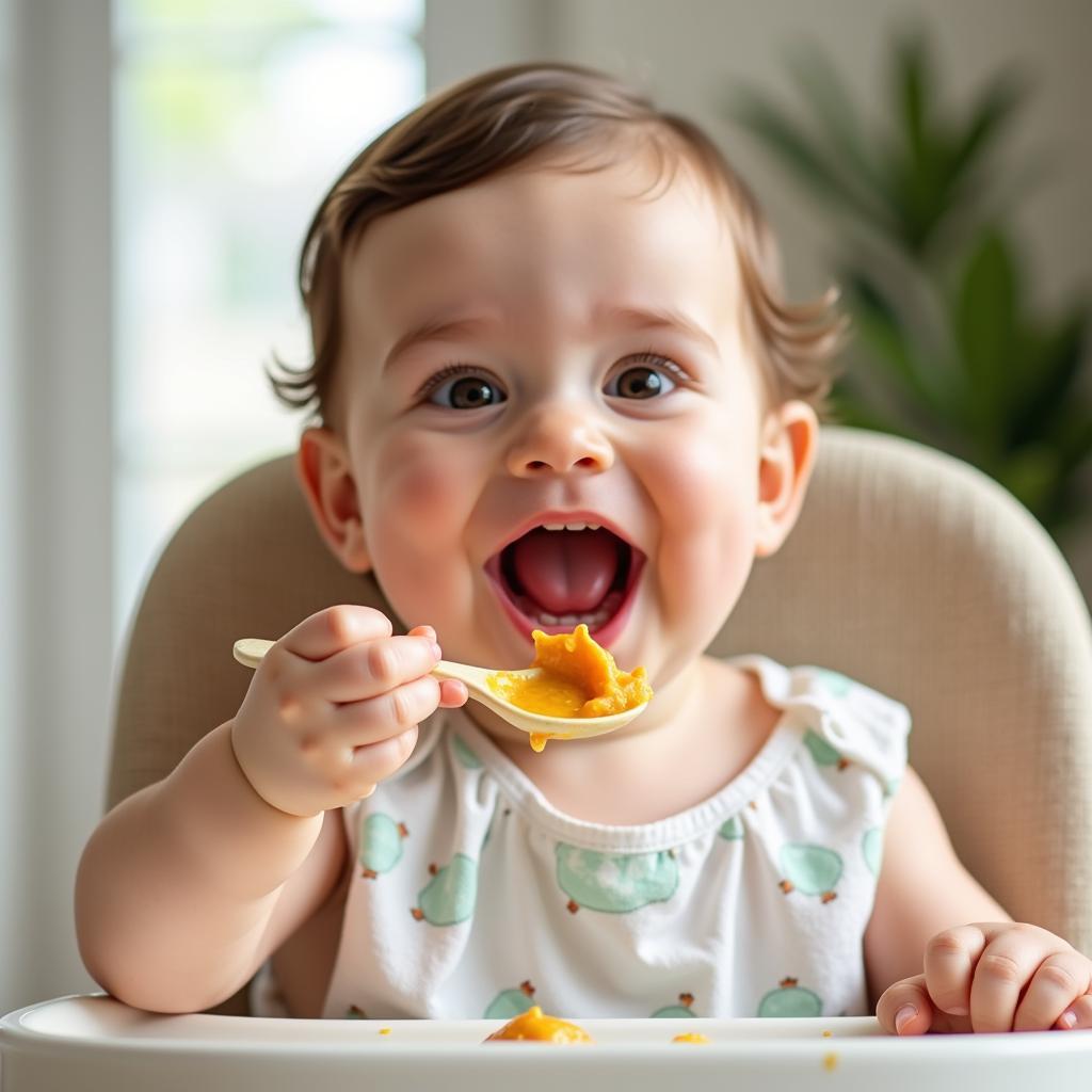 Baby happily eating Gerber chicken baby food in a highchair