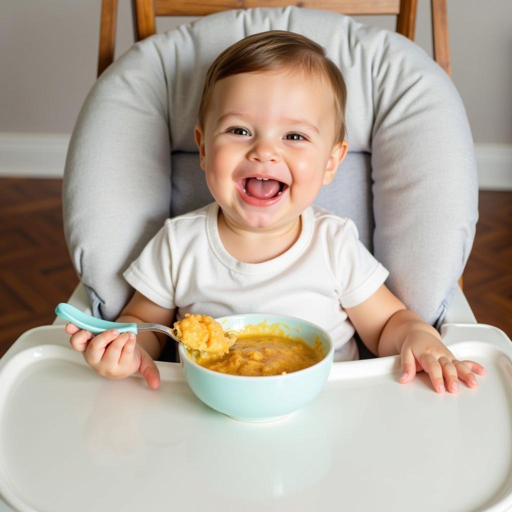 Happy Baby Eating Gerber Supported Sitter Food