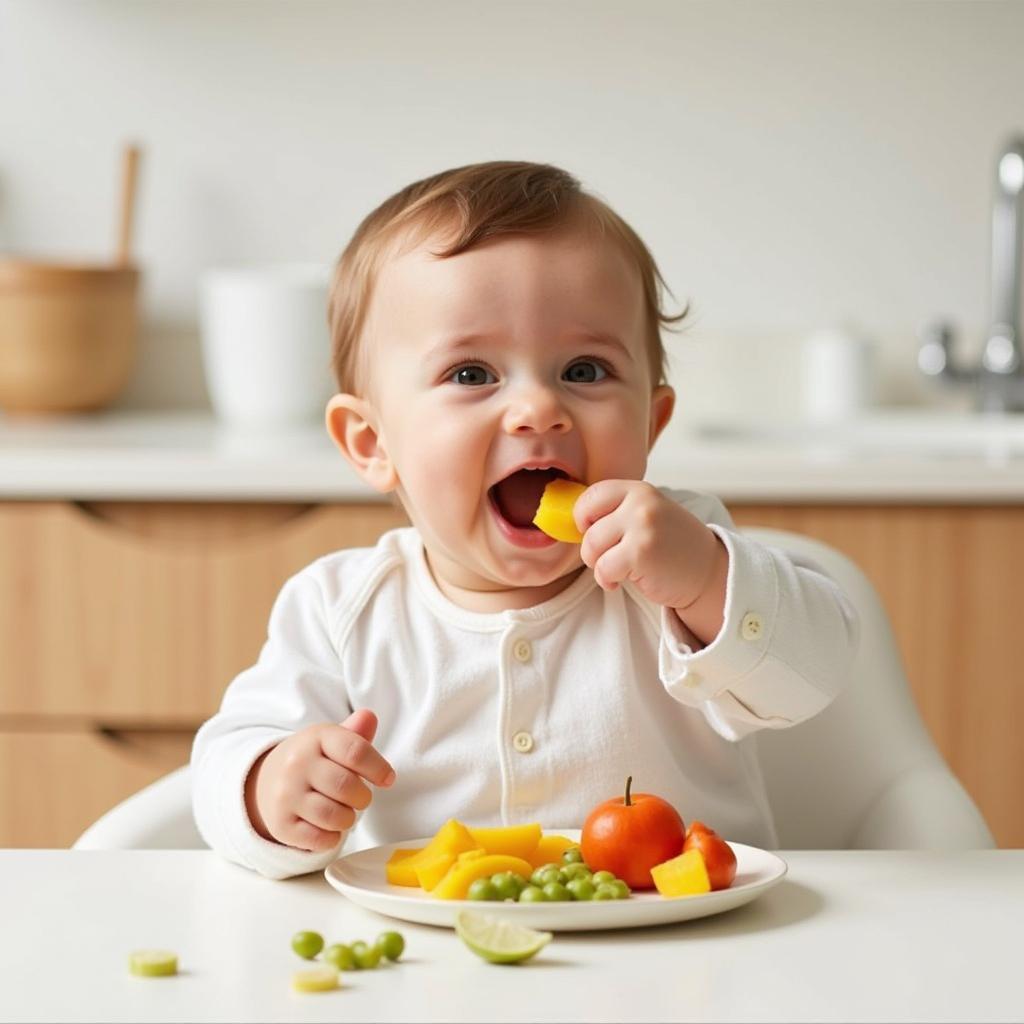 Baby happily eating frozen organic baby food