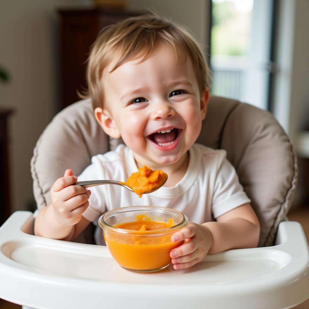 Baby happily eating sweet potato puree