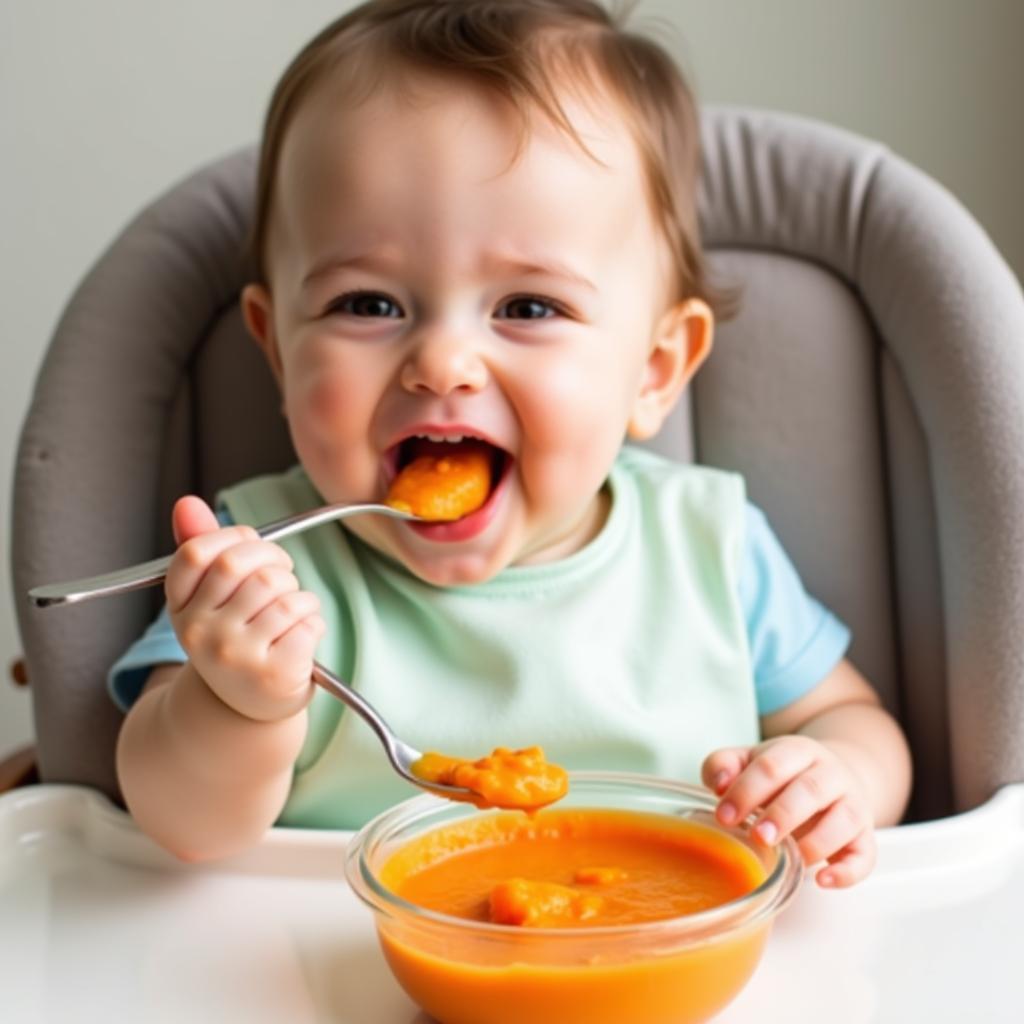 Baby happily eating veggie puree