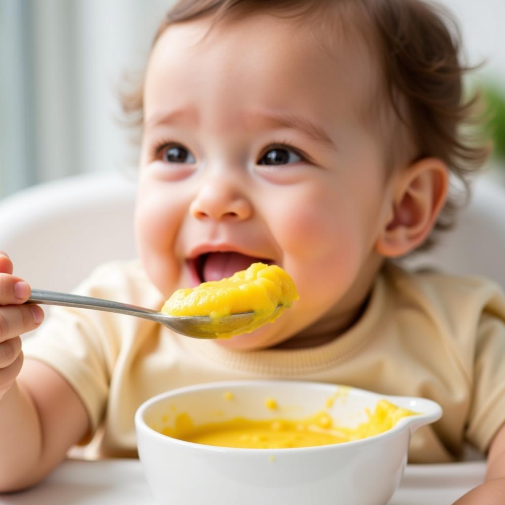 Baby Enjoying Yellow Squash Puree