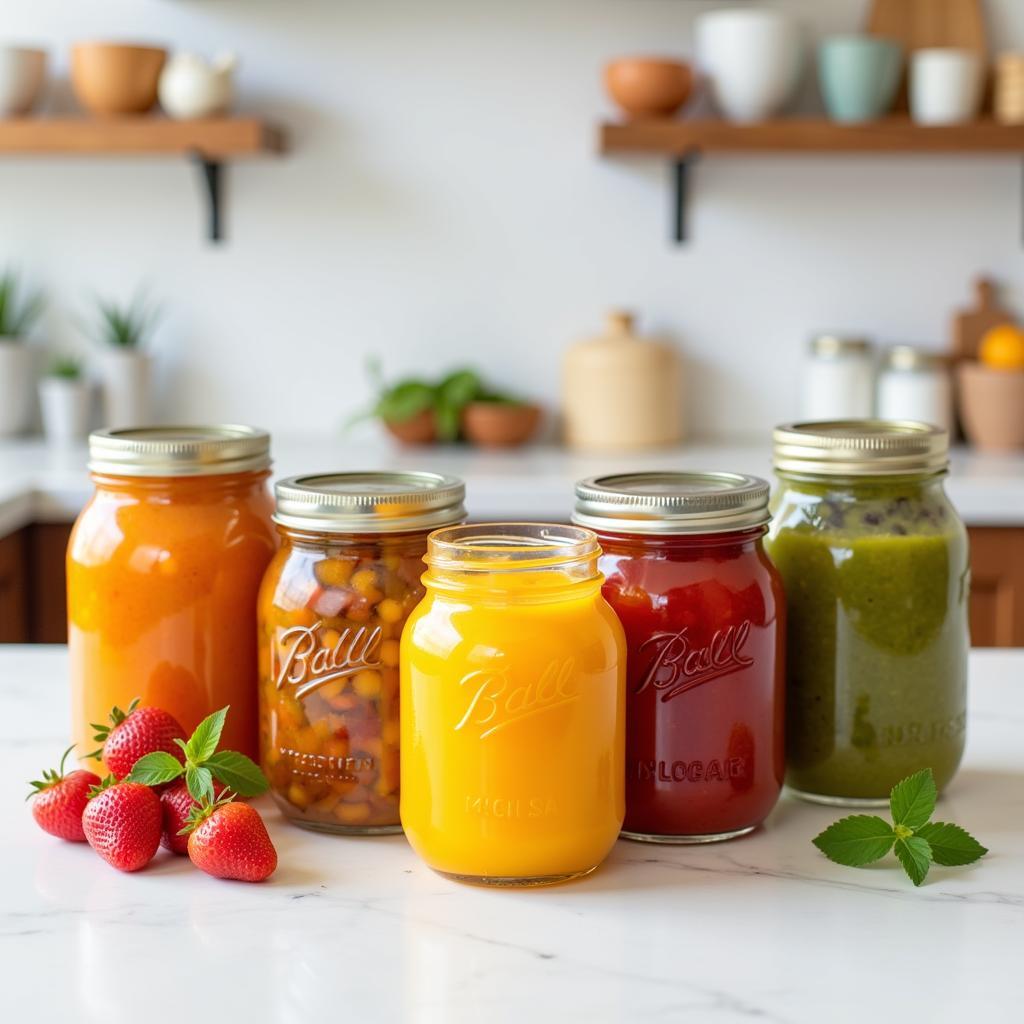 Colorful baby food stored in mason jars lined up on a kitchen counter