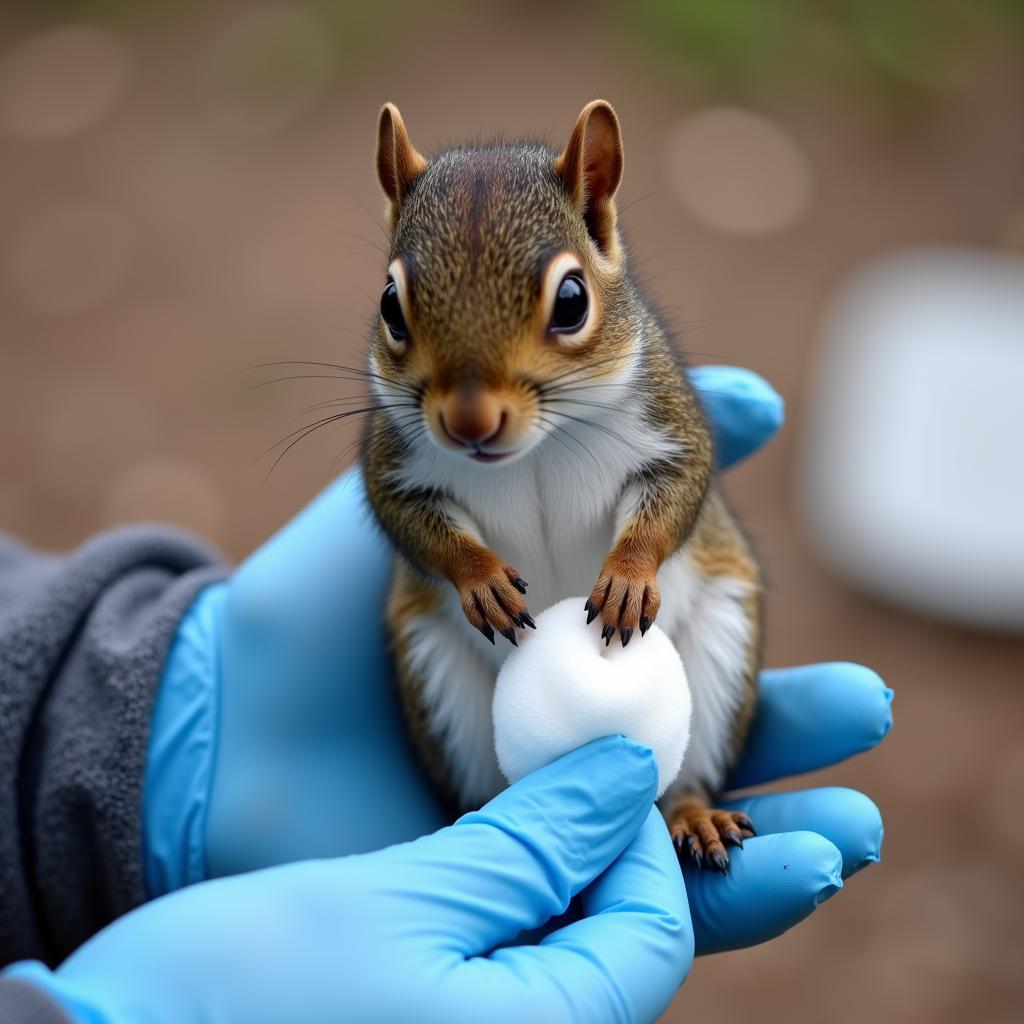 A baby squirrel being stimulated with a cotton ball