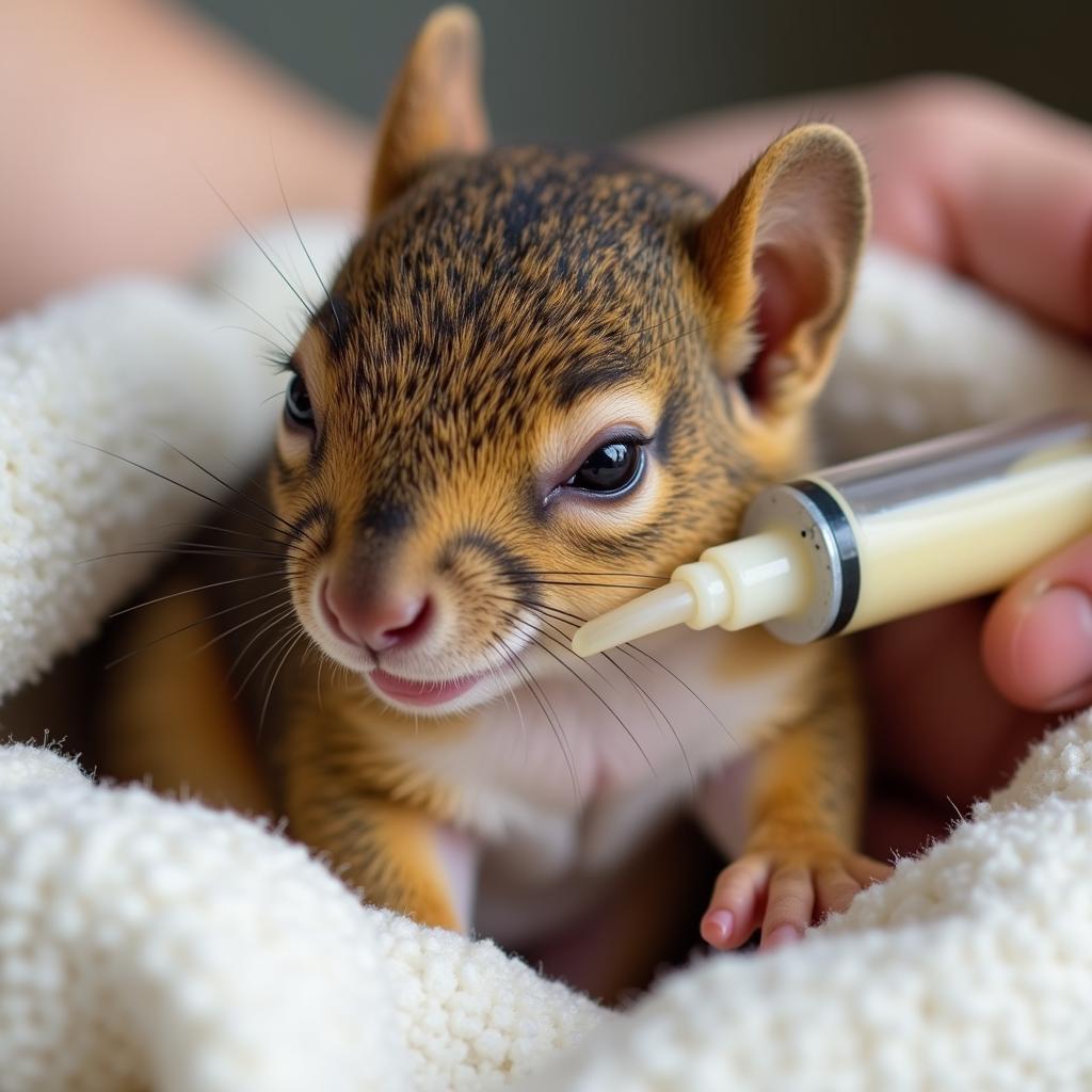 A baby squirrel being fed formula from a syringe