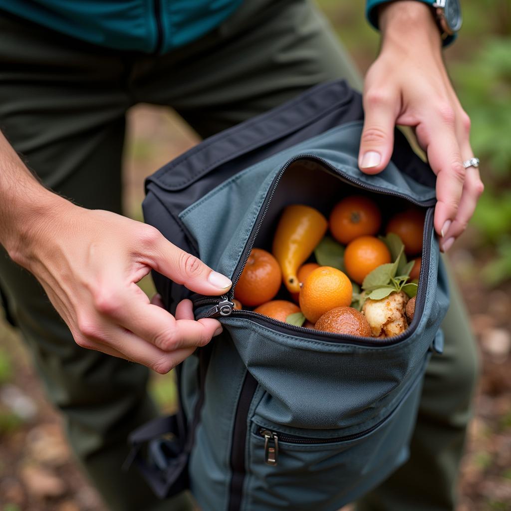 Backpacker closing a bear-resistant food bag