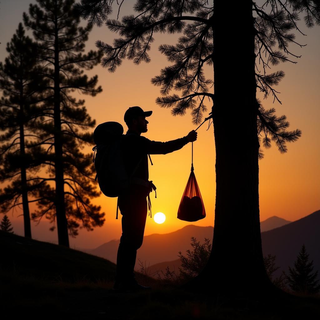 Backpacker hangs food bag on a tree branch