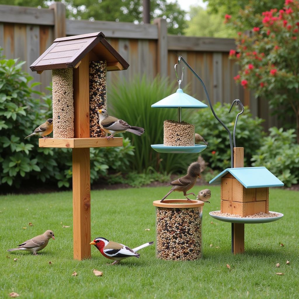  A well-maintained backyard bird feeding station with a dedicated millet feeder.