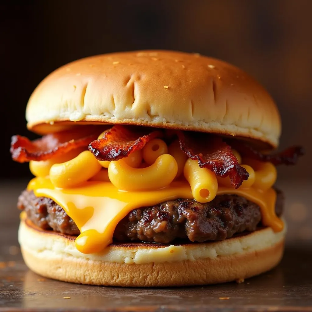 Close-up shot of the Bacon Mac &amp; Cheese burger