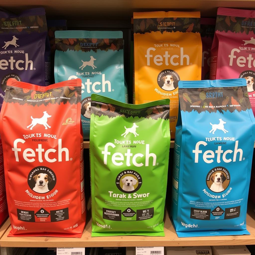 Various bags of fetch pet food displayed on a store shelf