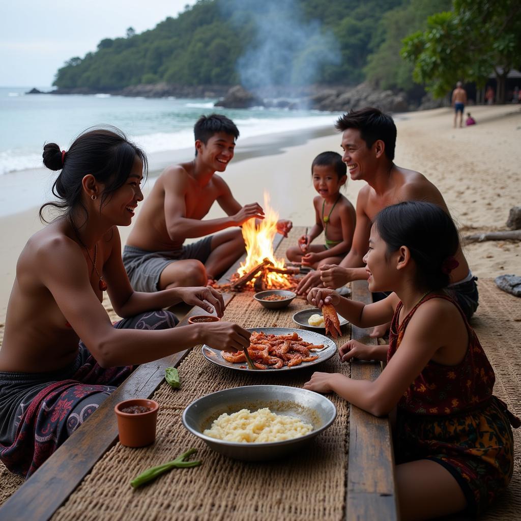 A Bajau family preparing a seafood meal together.