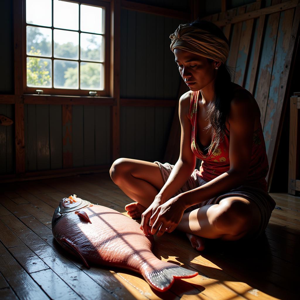 A Bajau woman expertly cleaning freshly caught fish.