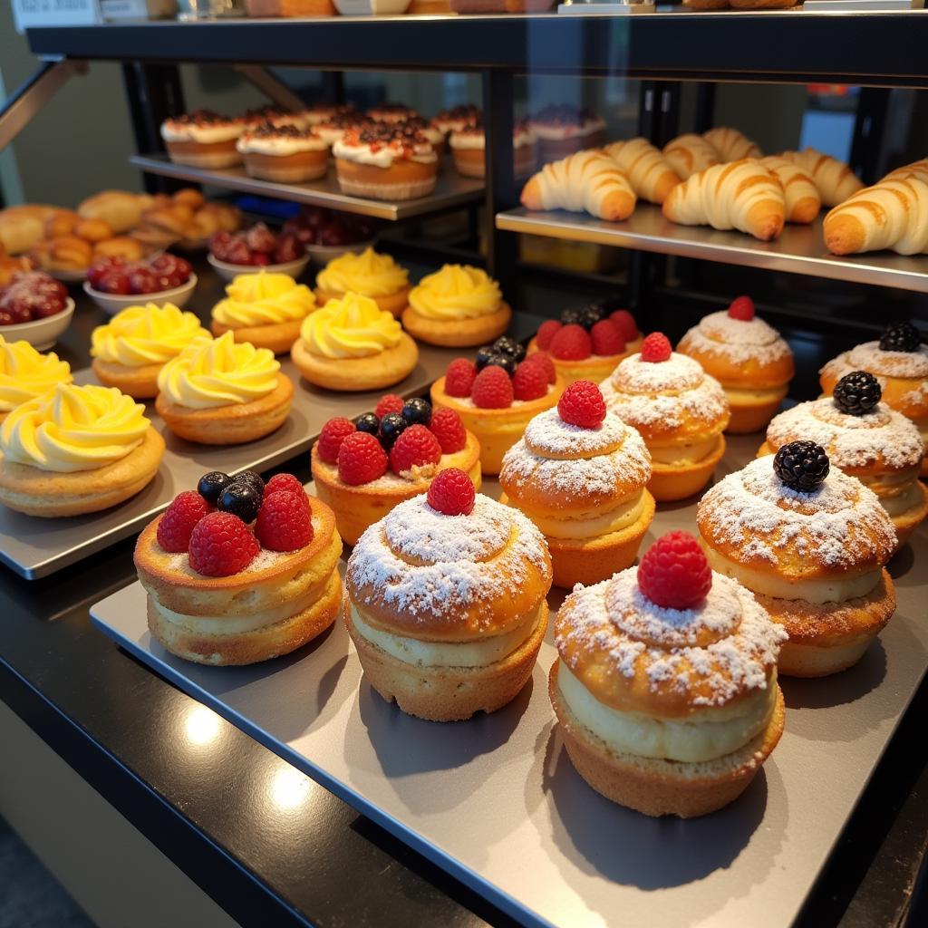 Delicious pastries displayed in a bakery display case