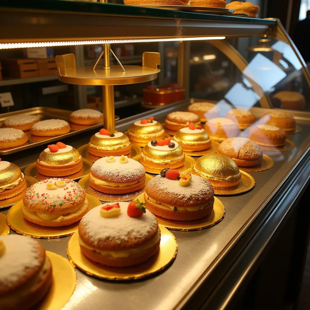 Bakery display case filled with pastries wrapped in gold food wrapping paper