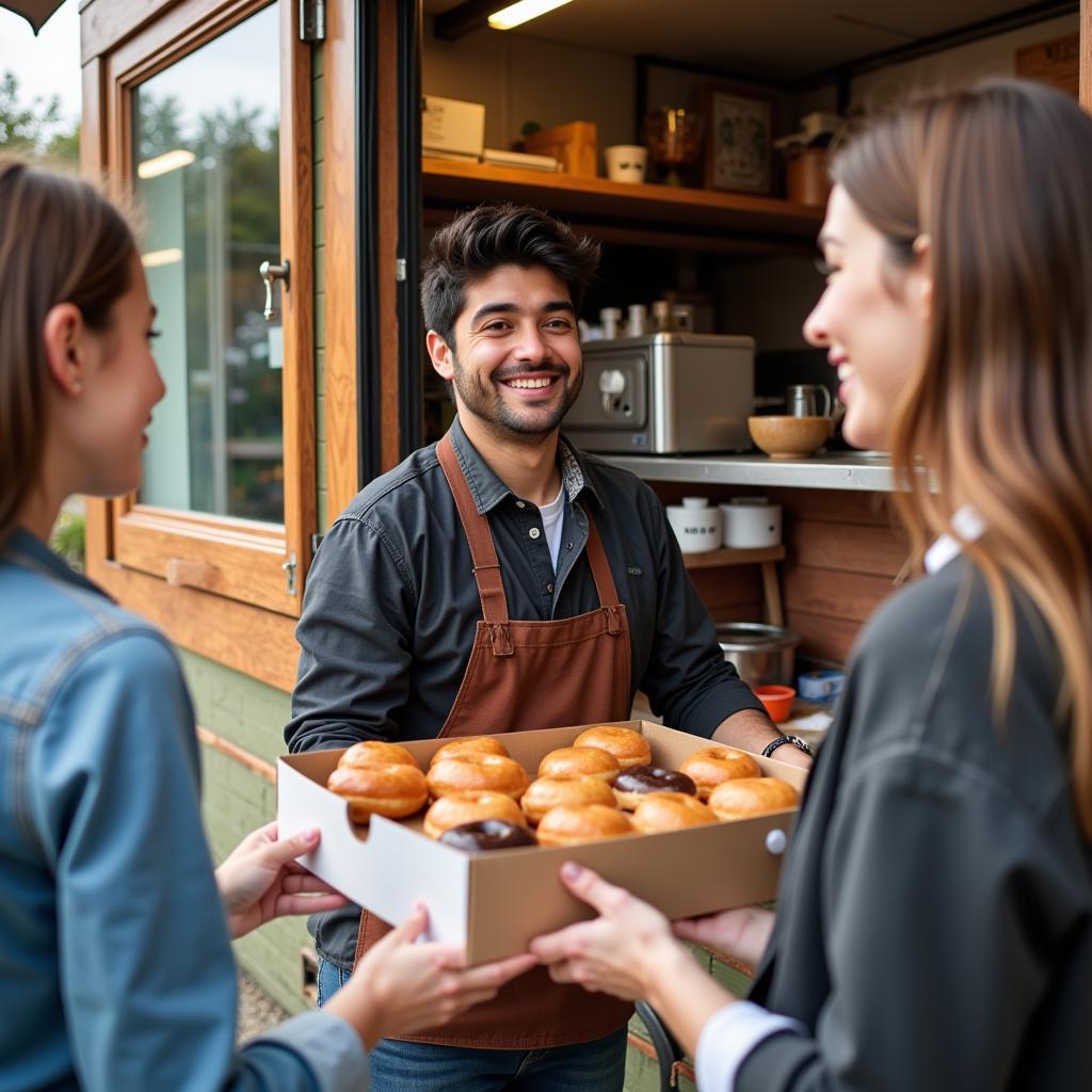 Bakery food truck owner serving customers with a smile